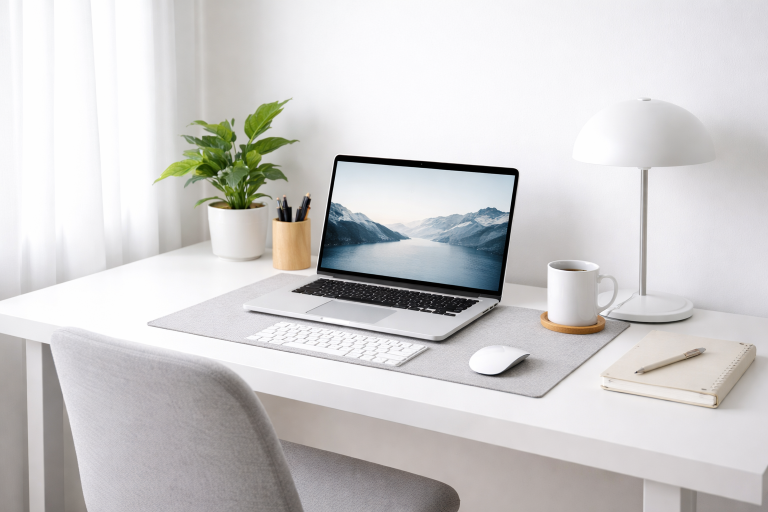 Minimalistisches Home-Office Setup mit weißem Schreibtisch, Laptop und Pflanze